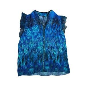 Elie Tahari Judith Silk Flutter Sleeve Snake Print Blue Blouse Size Small VNeck